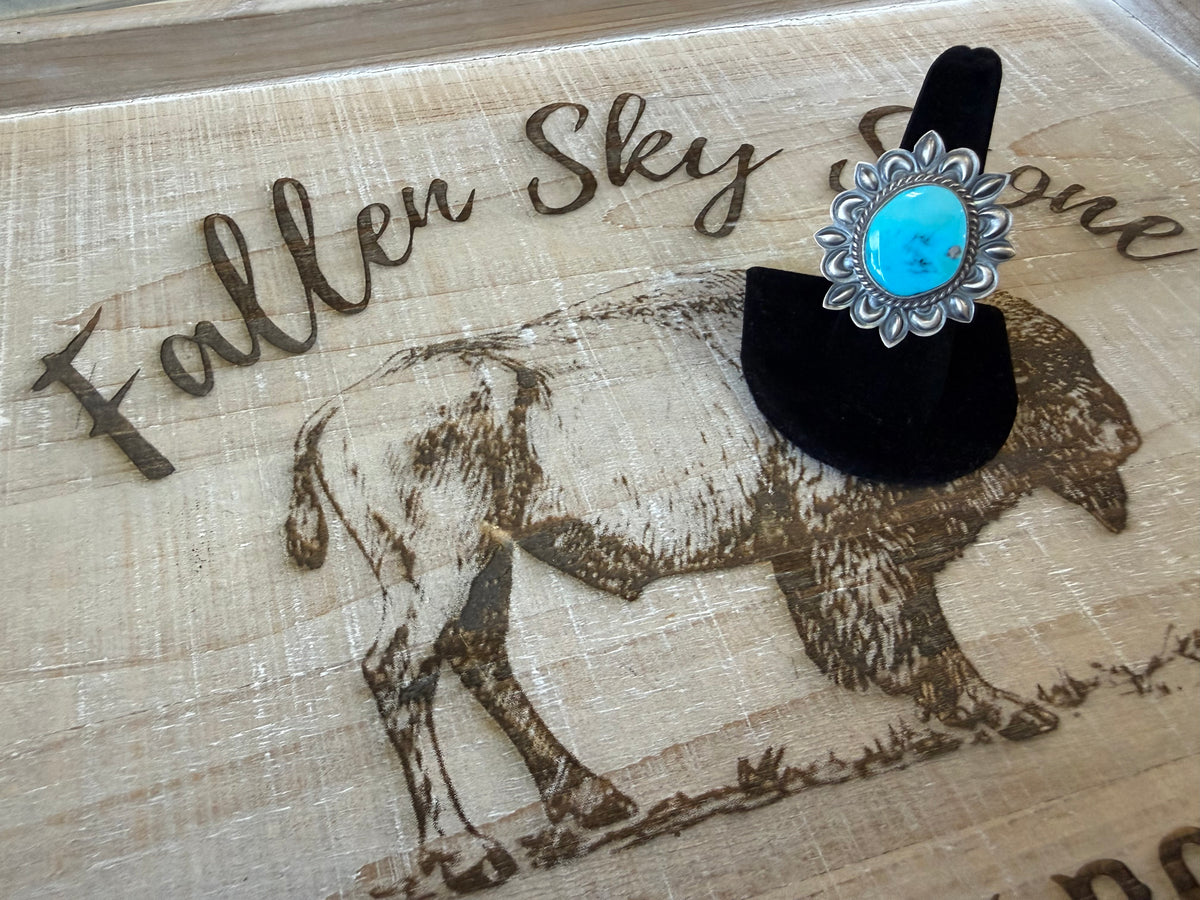 Billy Long Sterling Silver Sleeping Beauty Turquoise Ring Size 8, Large Sky Blue Stone, Repoussé Flower Frame, Southwestern Statement Ring
