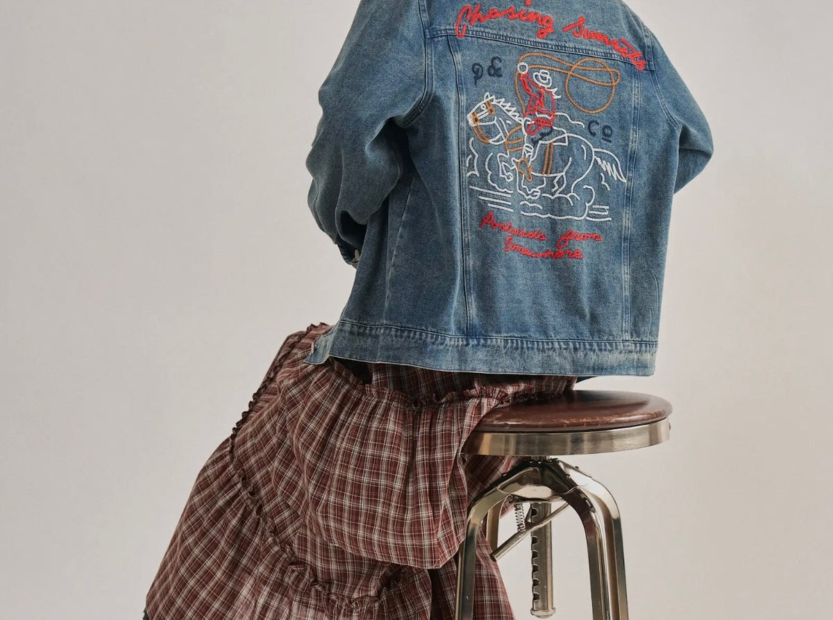 Medium Wash Denim Jacket with Embroidered Roping Cowboy Back Graphic