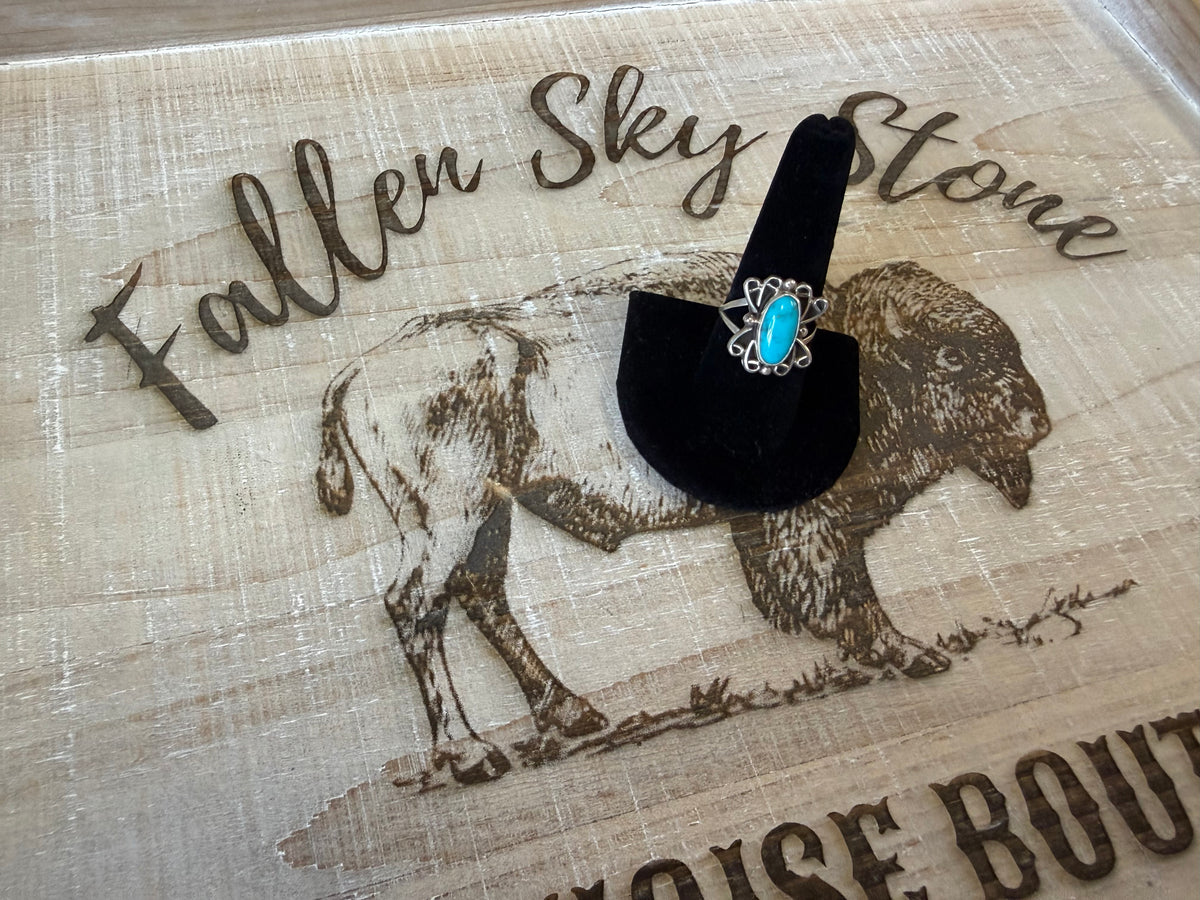 Sterling Silver Turquoise Ring Size 9, Oval Turquoise Stone, Scroll Filigree Frame, Split Shank Southwestern Ring, Gift for Her