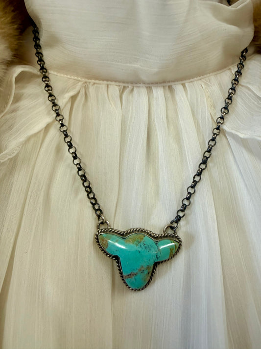 Highlander Cow Turquoise Pendant Necklace | Navajo Handmade by Paul Yazzie | Sterling Silver Statement Jewelry