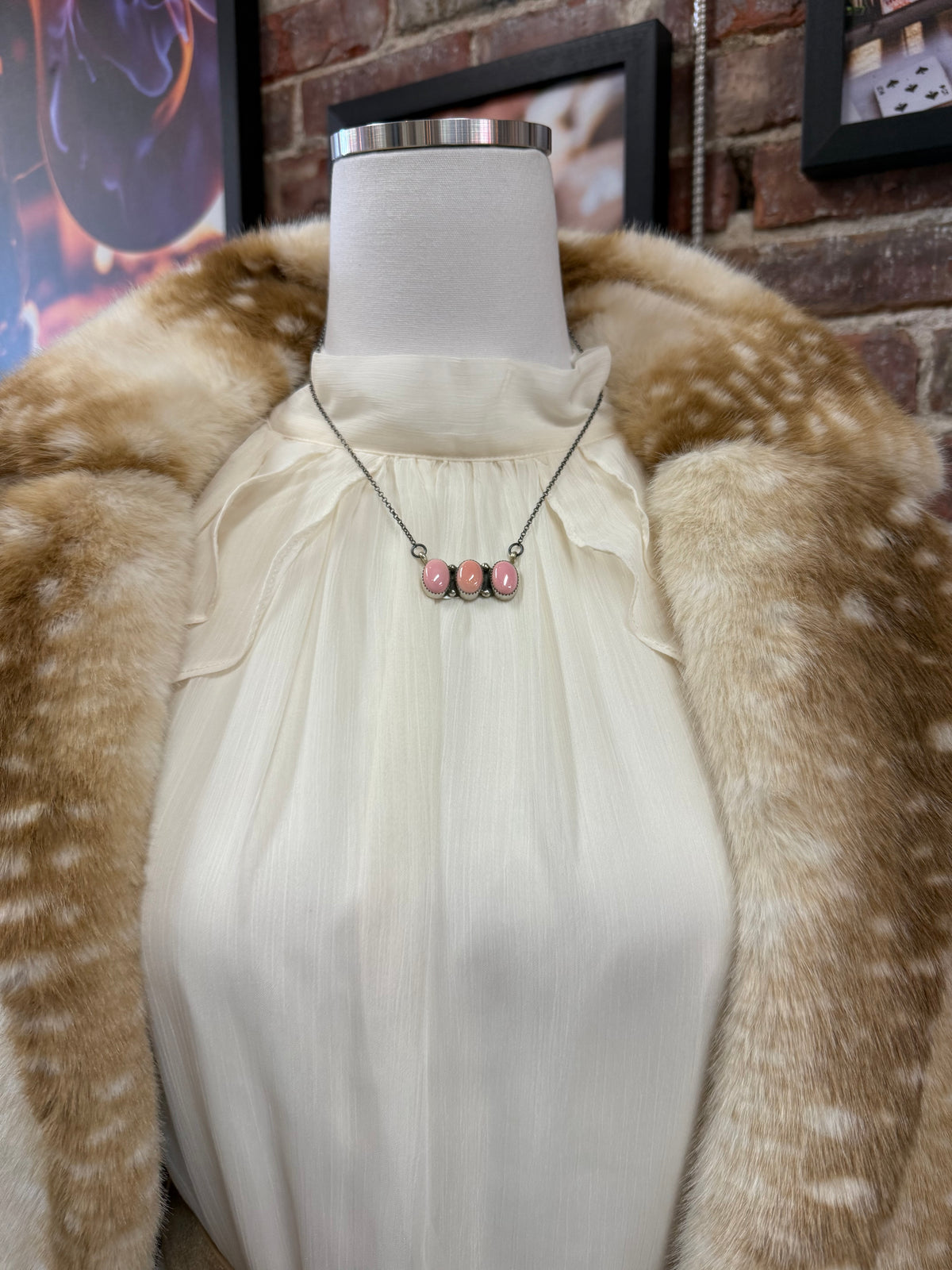 Pink Conch Three Stone Pendant Necklace Sterling Silver | Navajo Handmade by Levi Hoskie | Southwestern Statement Jewelry