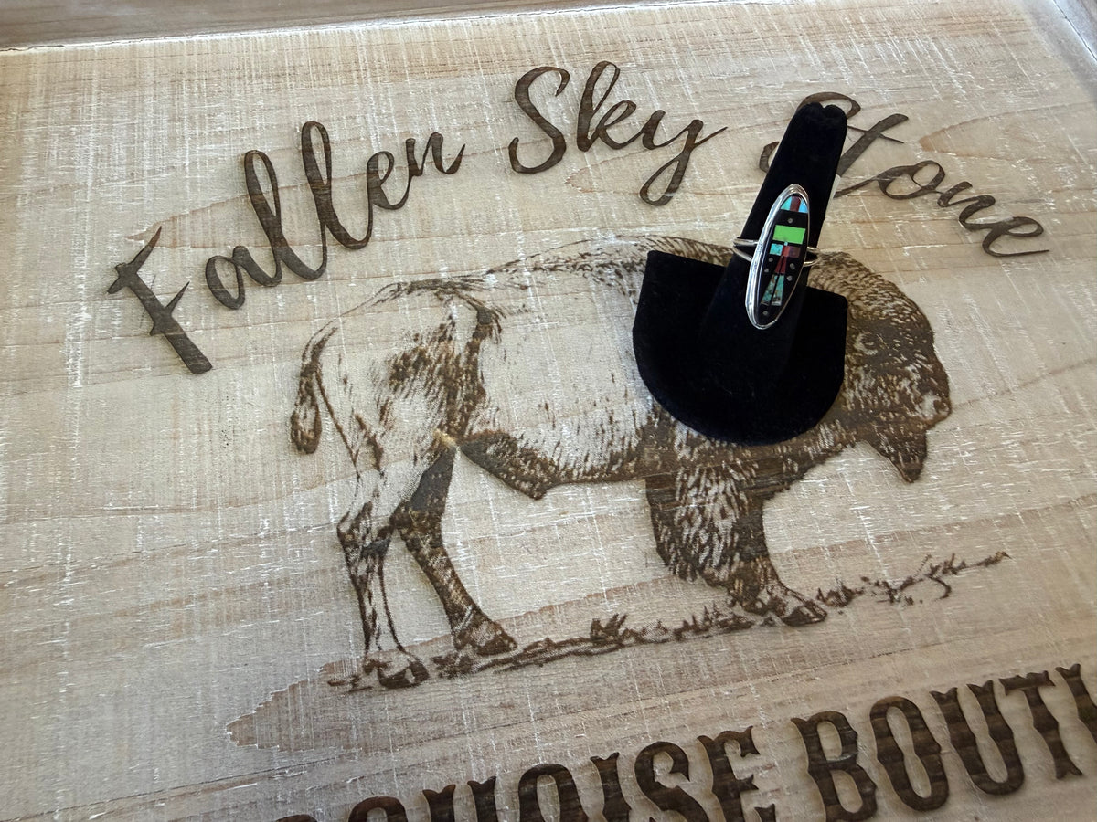 Sterling Silver Night Sky Inlay Ring Size 7.5, Long Oval Multi Stone Inlay, Turquoise Coral Black Onyx, Southwestern Ring