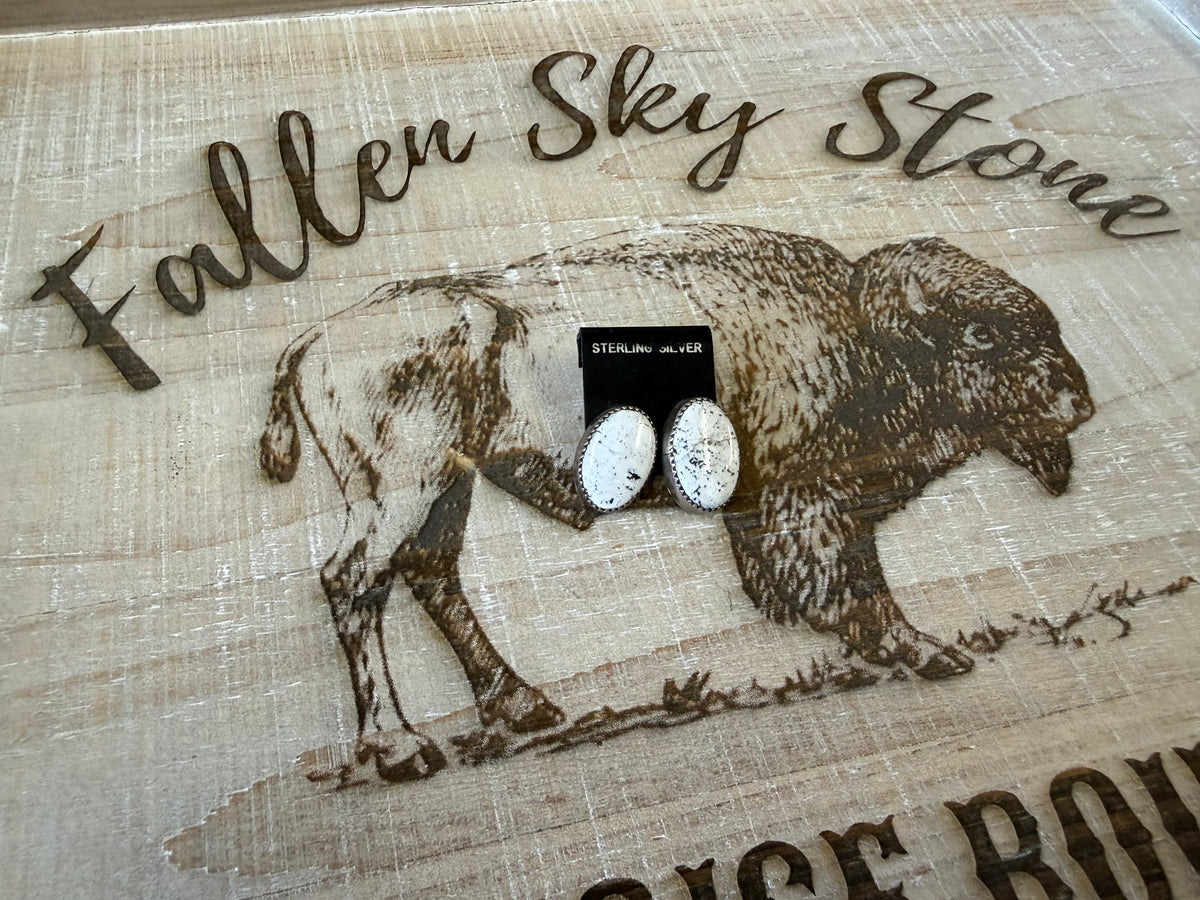 Magnesite Stud Earrings Sterling Silver | White with Black Matrix Oval Posts | Southwestern Handmade Jewelry