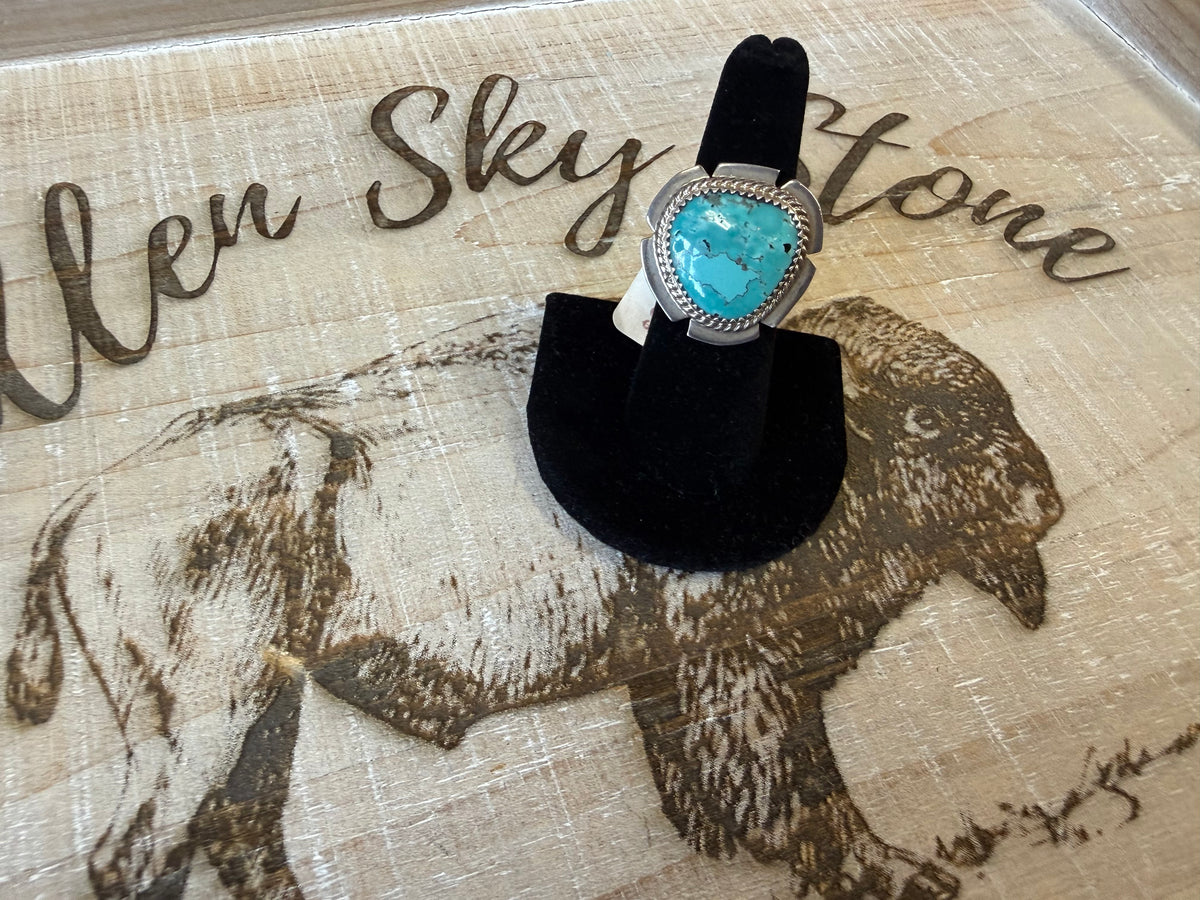 Sterling Silver Turquoise Ring Size 6.5, Large Rope Twist Bezel, Notched Silver Frame, Southwestern Statement Ring, Gift for Her