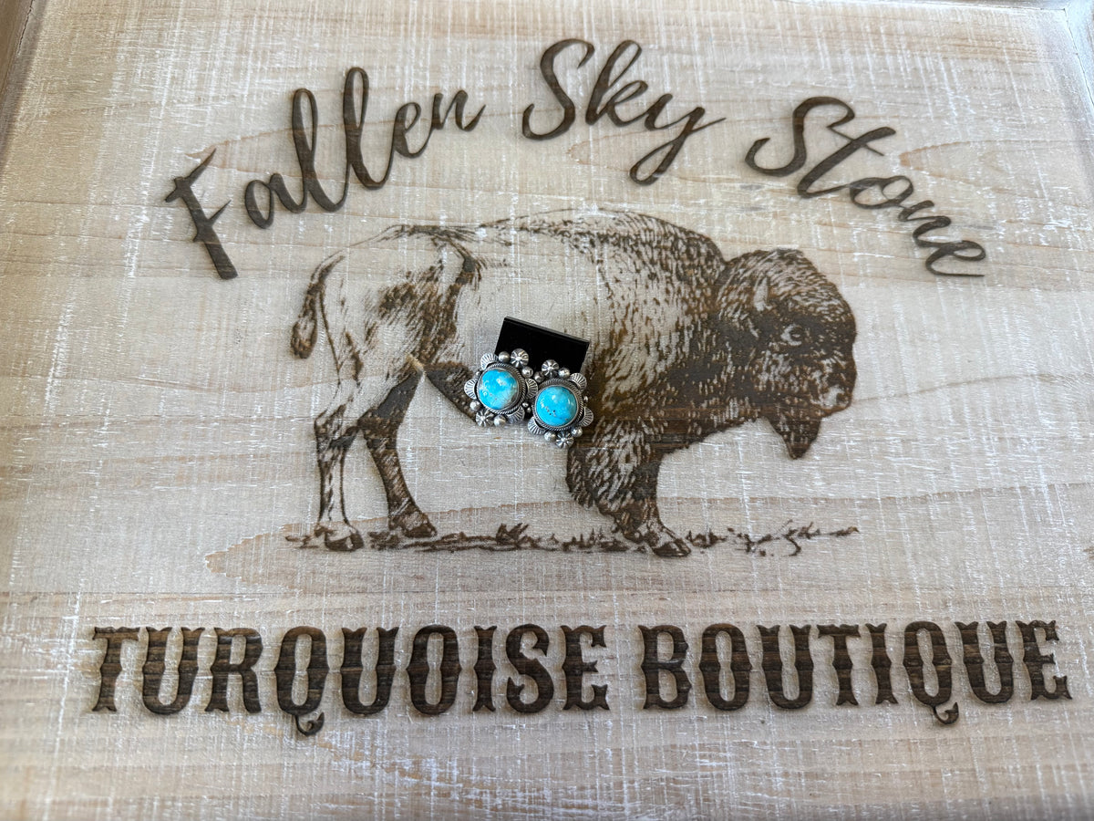 Royston Turquoise Stud Earrings Sterling Silver | Navajo Handmade Flower Bezel | Southwestern Statement Earrings