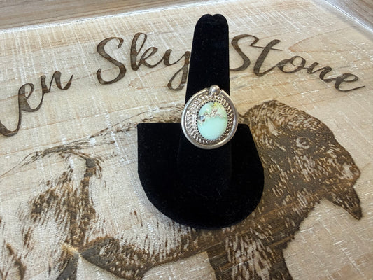 Sterling Silver Palomino Turquoise Ring Size 8.5, Rope Twist Bezel, Pale Green Blue Stone, Southwestern Split Shank Ring