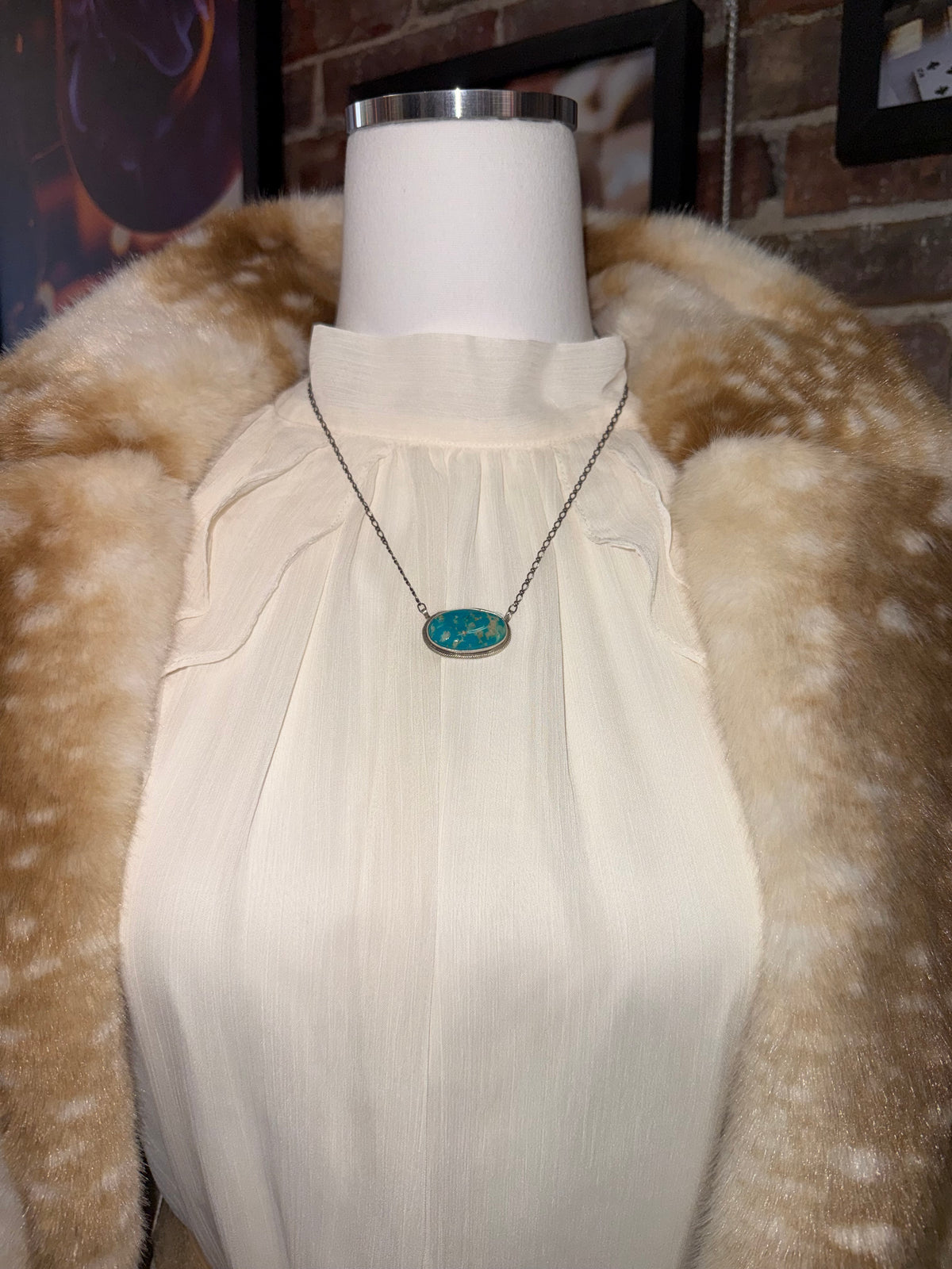 Kingman Turquoise Oval Pendant Necklace Sterling Silver | Navajo Handmade by Arthur J Brugge | Southwestern Statement Jewelry