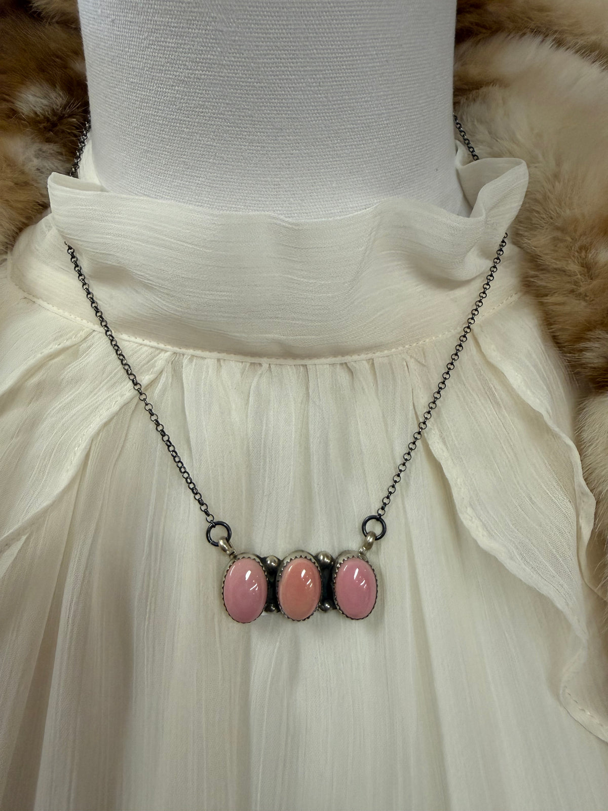 Pink Conch Three Stone Pendant Necklace Sterling Silver | Navajo Handmade by Levi Hoskie | Southwestern Statement Jewelry