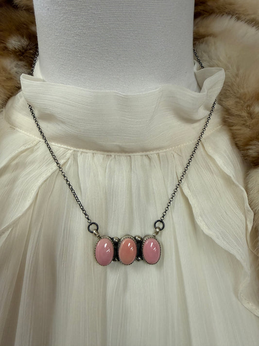 Pink Conch Three Stone Pendant Necklace Sterling Silver | Navajo Handmade by Levi Hoskie | Southwestern Statement Jewelry