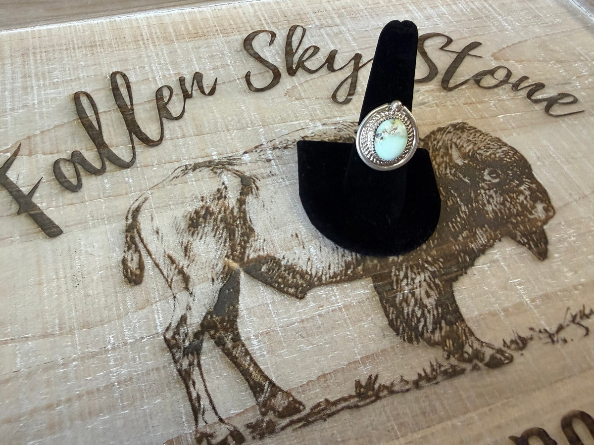 Sterling Silver Palomino Turquoise Ring Size 8.5, Rope Twist Bezel, Pale Green Blue Stone, Southwestern Split Shank Ring