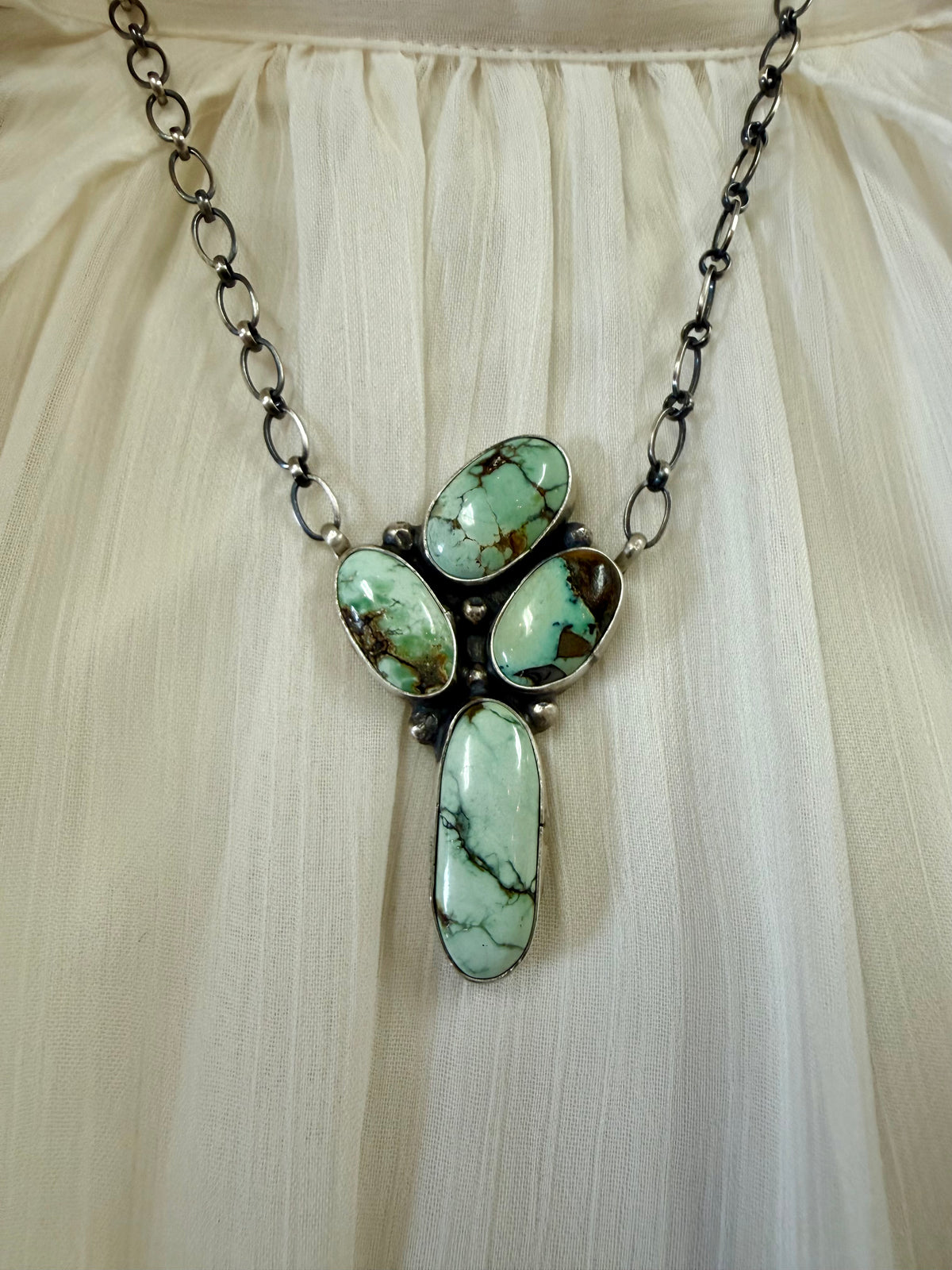 New Lander Variscite, Four Stone Cluster Pendant, Western Statement Jewelry, Green Gemstone Southwestern Necklace.