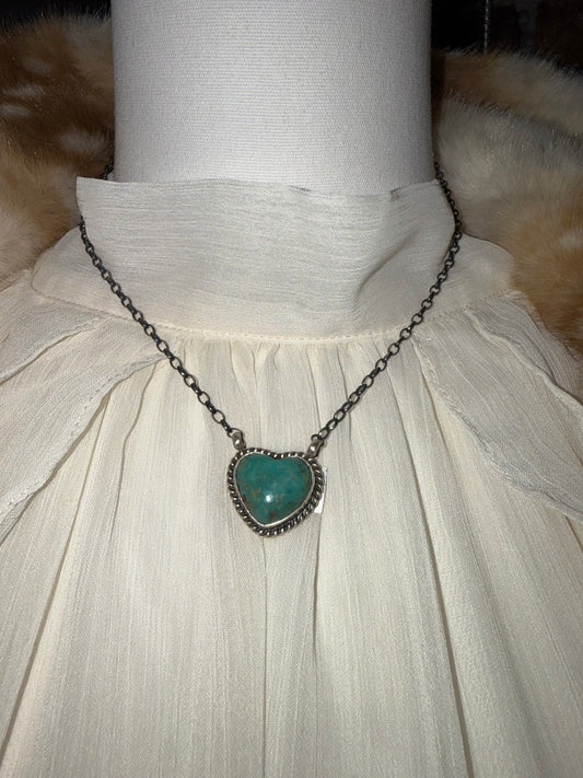 Royston Turquoise Heart Pendant Necklace Sterling Silver | Navajo Handmade by Donovan Skeets | Southwestern Statement Jewelry