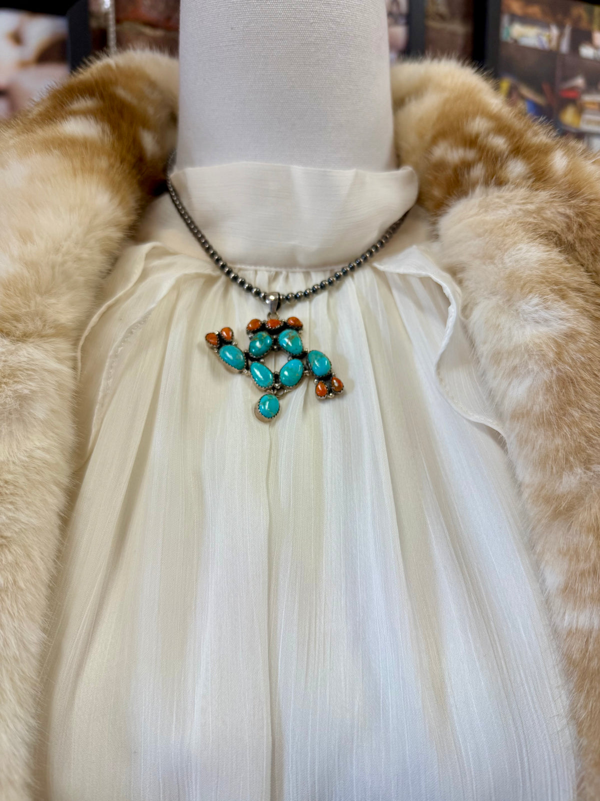 Turquoise and Coral Pendant Necklace Sterling Silver | Handmade Southwestern Cluster Statement Jewelry