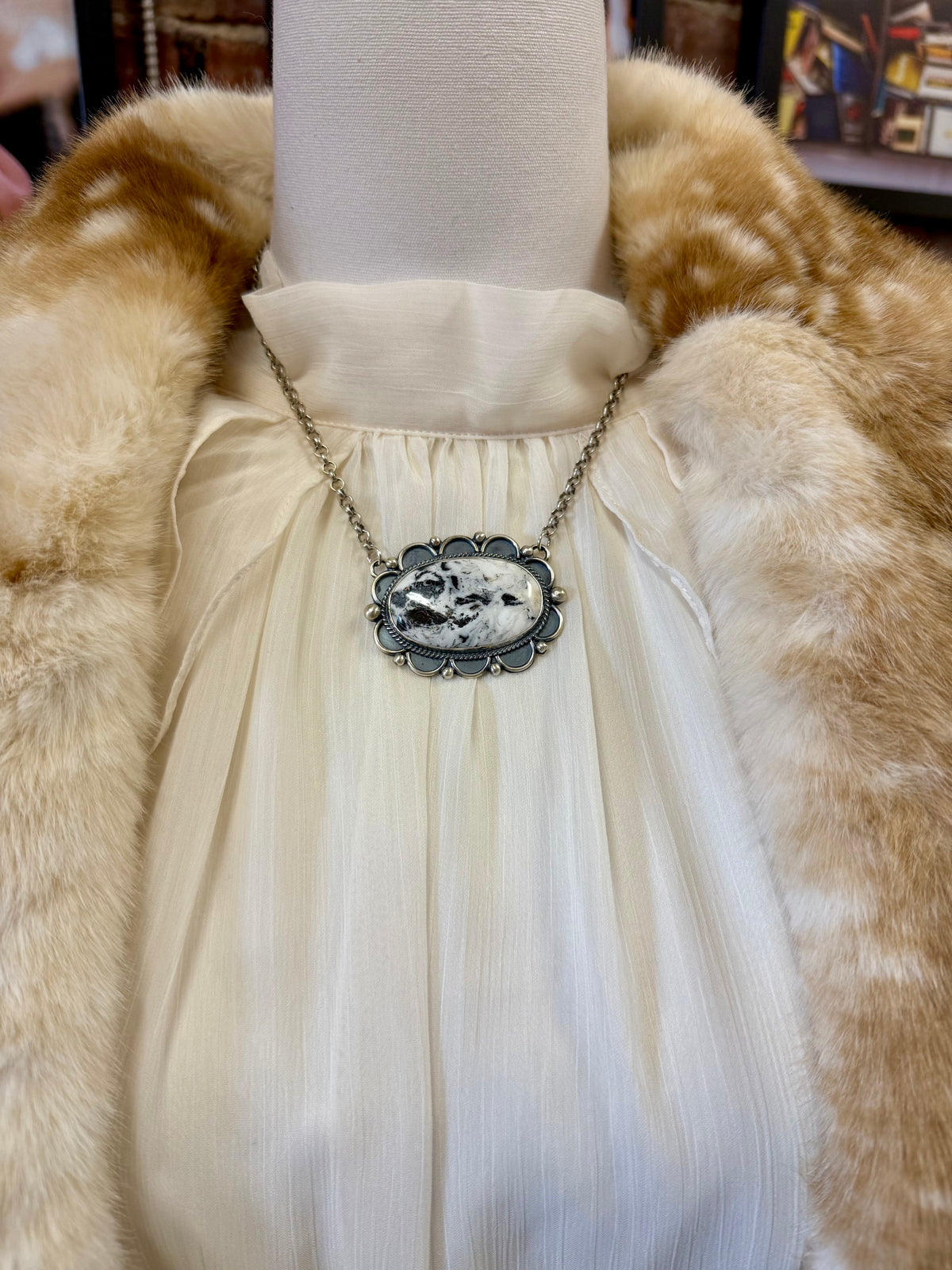 White Buffalo Stone Pendant Necklace Sterling Silver | Navajo Native American Handmade by Mary Ellen | Large Oval Statement Jewelry