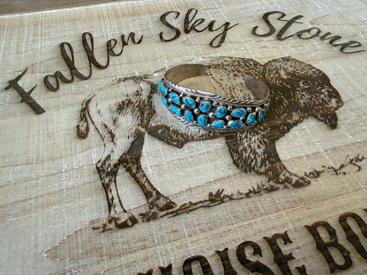 Sterling Silver Turquoise Cluster Cuff Bracelet, Two Row Nugget Turquoise, Rope Twist & Feather Stamped Edge, Southwestern Gift