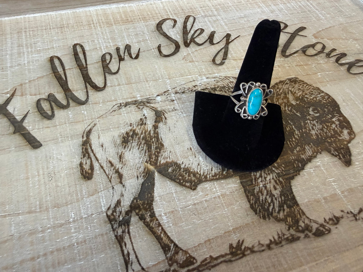 Sterling Silver Turquoise Ring Size 9, Oval Turquoise Stone, Scroll Filigree Frame, Split Shank Southwestern Ring, Gift for Her
