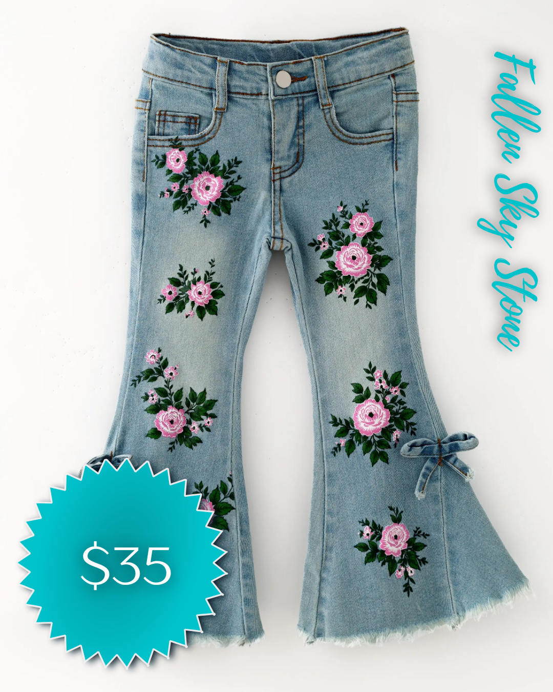 Girls Light Wash Embroidered Flare Jeans with Pink Roses and Bow Detail