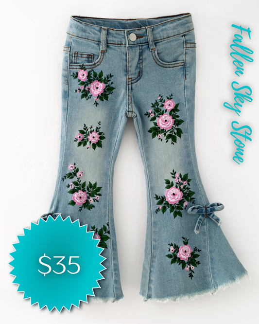 Girls Light Wash Embroidered Flare Jeans with Pink Roses and Bow Detail