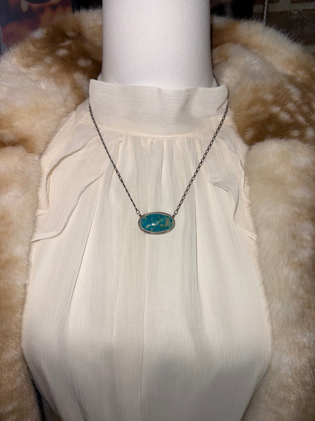 Kingman Turquoise Oval Pendant Necklace Sterling Silver | Navajo Handmade by Arthur J Brugge | Southwestern Statement Jewelry