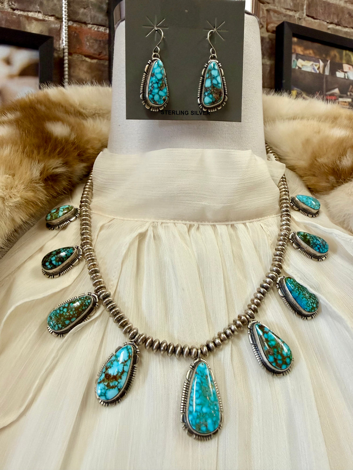 Kingman Water Web Turquoise Necklace Set Sterling Silver | Navajo Handmade by Larry Yazzie | Matching Earrings Statement Jewelry