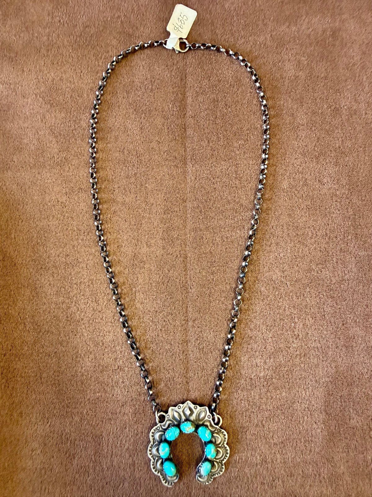 Oxidized Sterling Silver Naja Pendant Necklace | Turquoise Stones on Paperclip Chain | Handmade Navajo Style Statement Jewelry