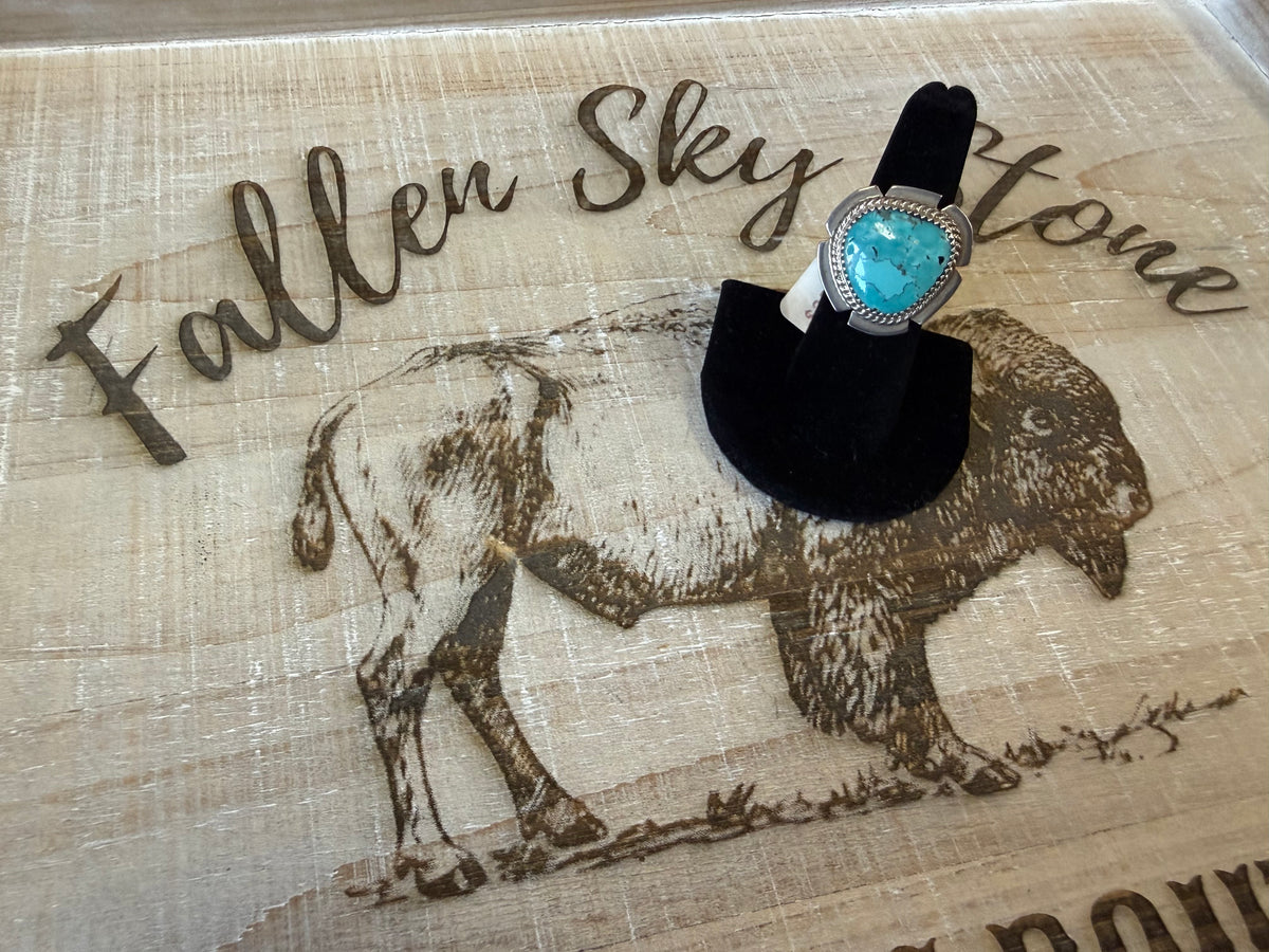 Sterling Silver Turquoise Ring Size 6.5, Large Rope Twist Bezel, Notched Silver Frame, Southwestern Statement Ring, Gift for Her