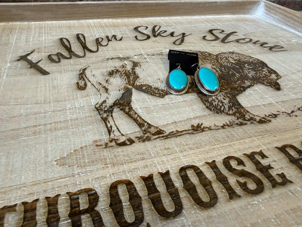 Native American Navajo Sterling Silver Turquoise Oval Dangle Earrings – Signed JB (Jennifer Begay) | Rope Edge Cabochons
