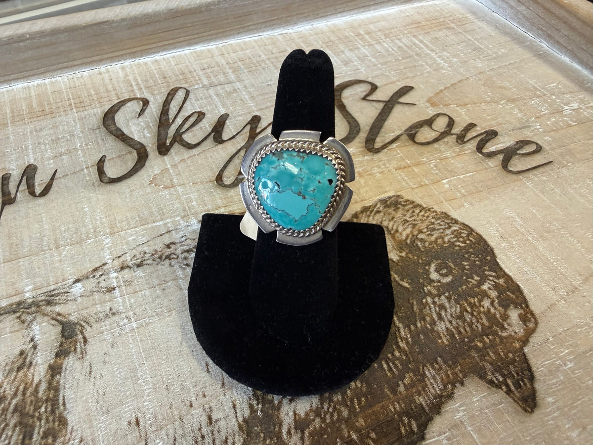 Sterling Silver Turquoise Ring Size 6.5, Large Rope Twist Bezel, Notched Silver Frame, Southwestern Statement Ring, Gift for Her