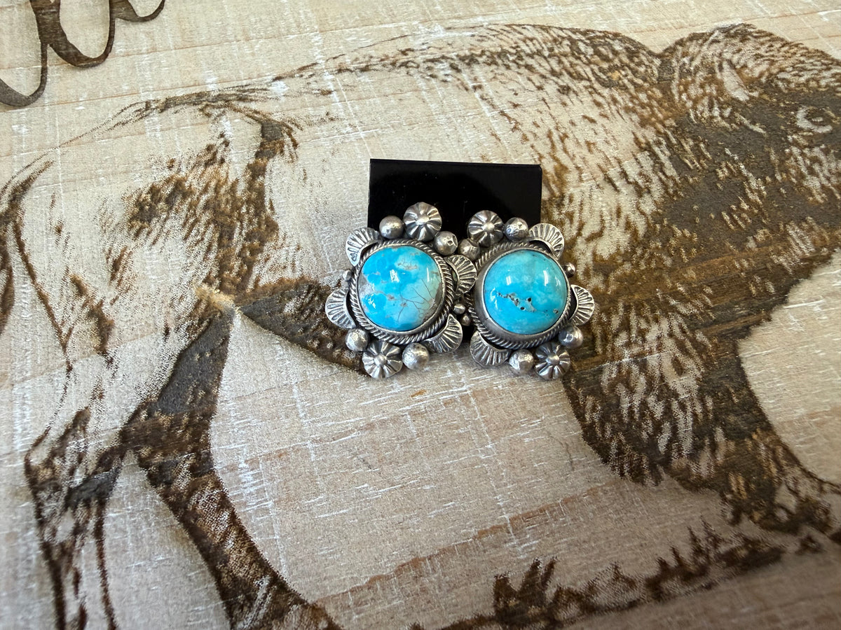 Royston Turquoise Stud Earrings Sterling Silver | Navajo Handmade Flower Bezel | Southwestern Statement Earrings