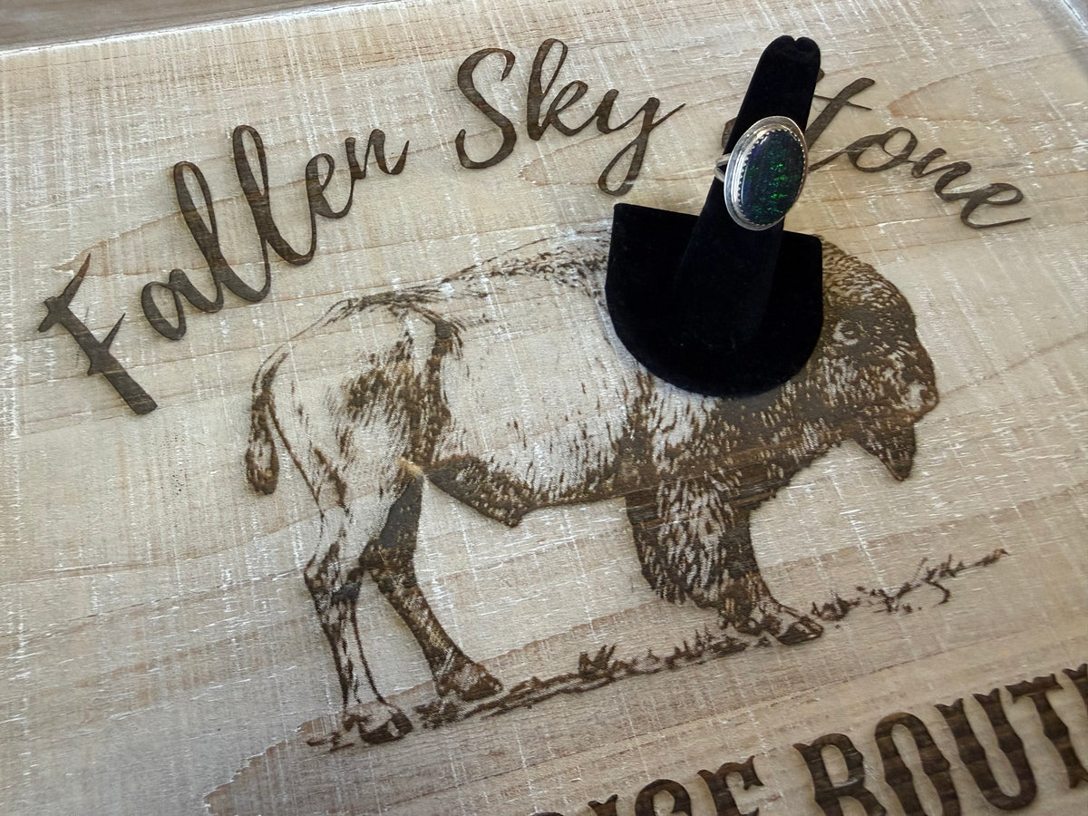 Sterling Silver Black Opal Style Ring Size 6, Oval Dark Stone with Green Blue Flash, Serrated Bezel, Split Shank Southwestern Ring