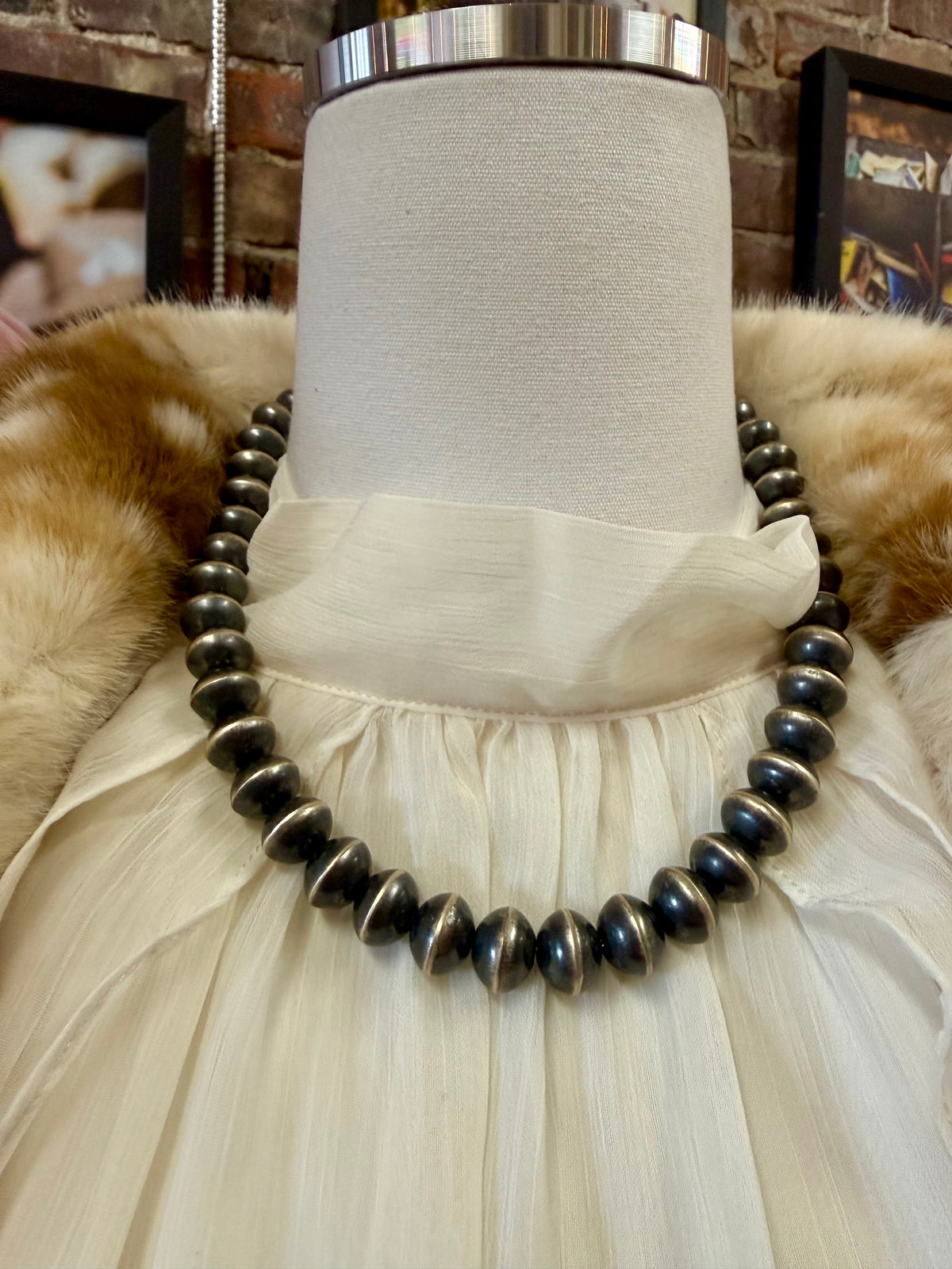 14mm Navajo Pearls Necklace Sterling Silver | Handmade Navajo Bead Strand | Classic Southwestern Jewelry