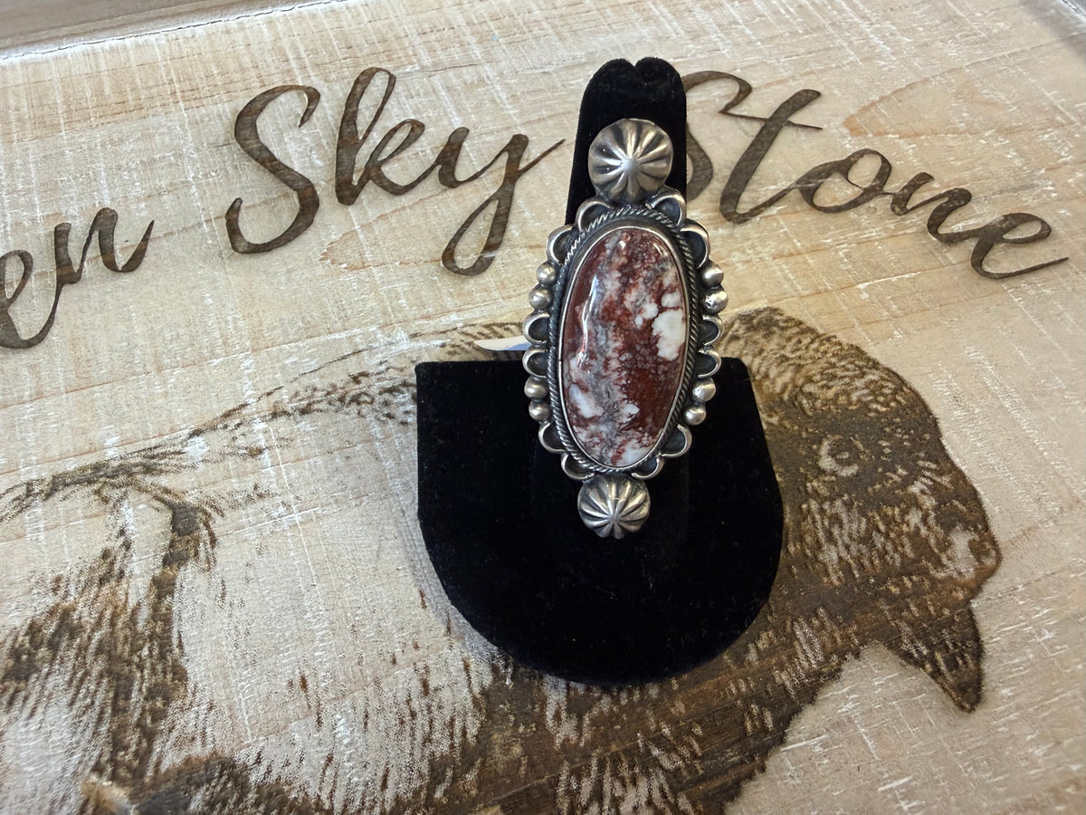 Wild Horse Long Oval Ring Sterling Silver | Large Cabochon with Scalloped Bezel | Southwestern Statement Ring | Size 8