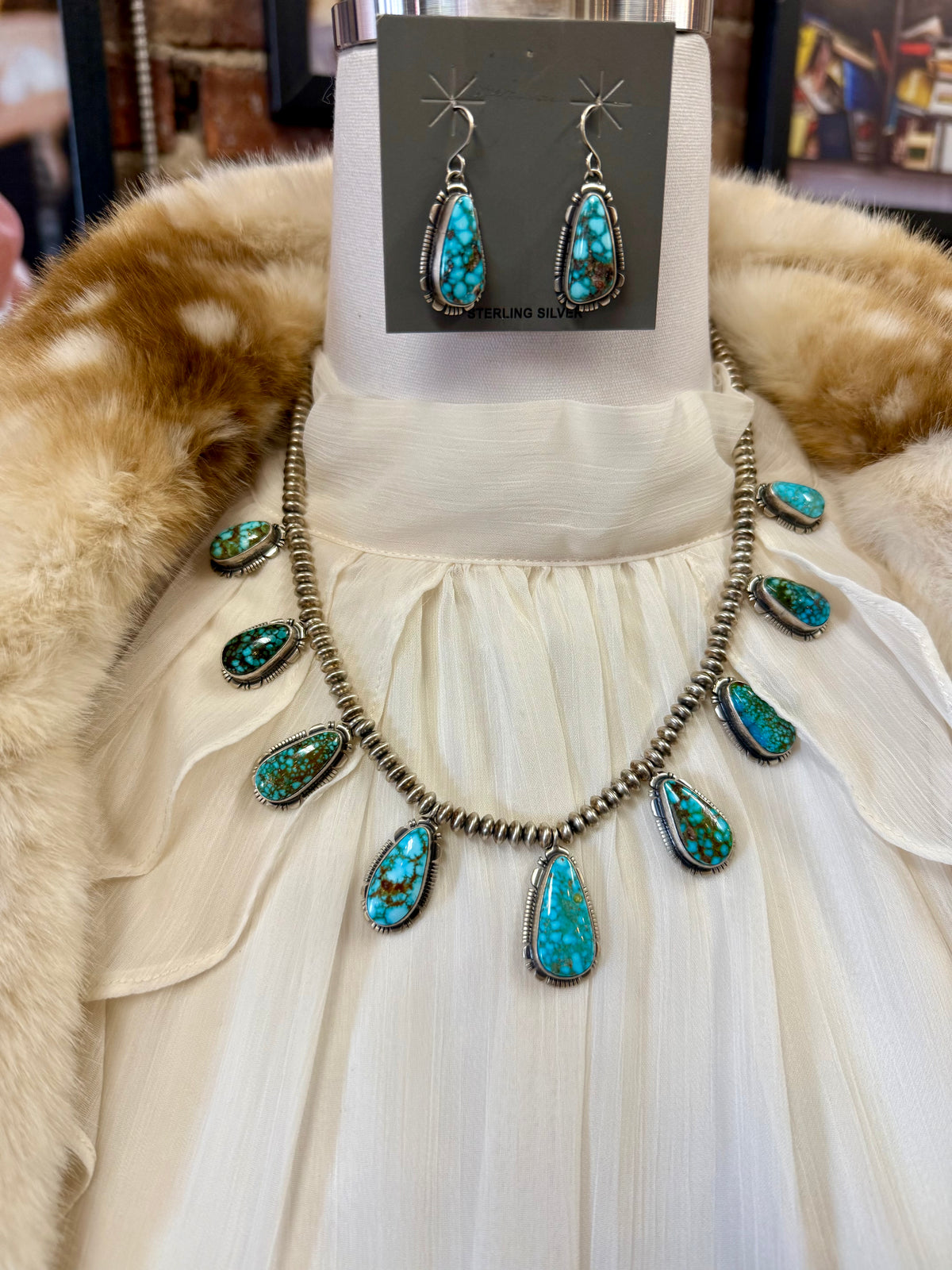 Kingman Water Web Turquoise Necklace Set Sterling Silver | Navajo Handmade by Larry Yazzie | Matching Earrings Statement Jewelry