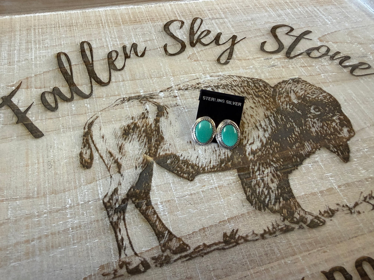 Turquoise Stud Earrings Sterling Silver | Oval Cabochon Post Earrings | Southwestern Handmade Jewelry