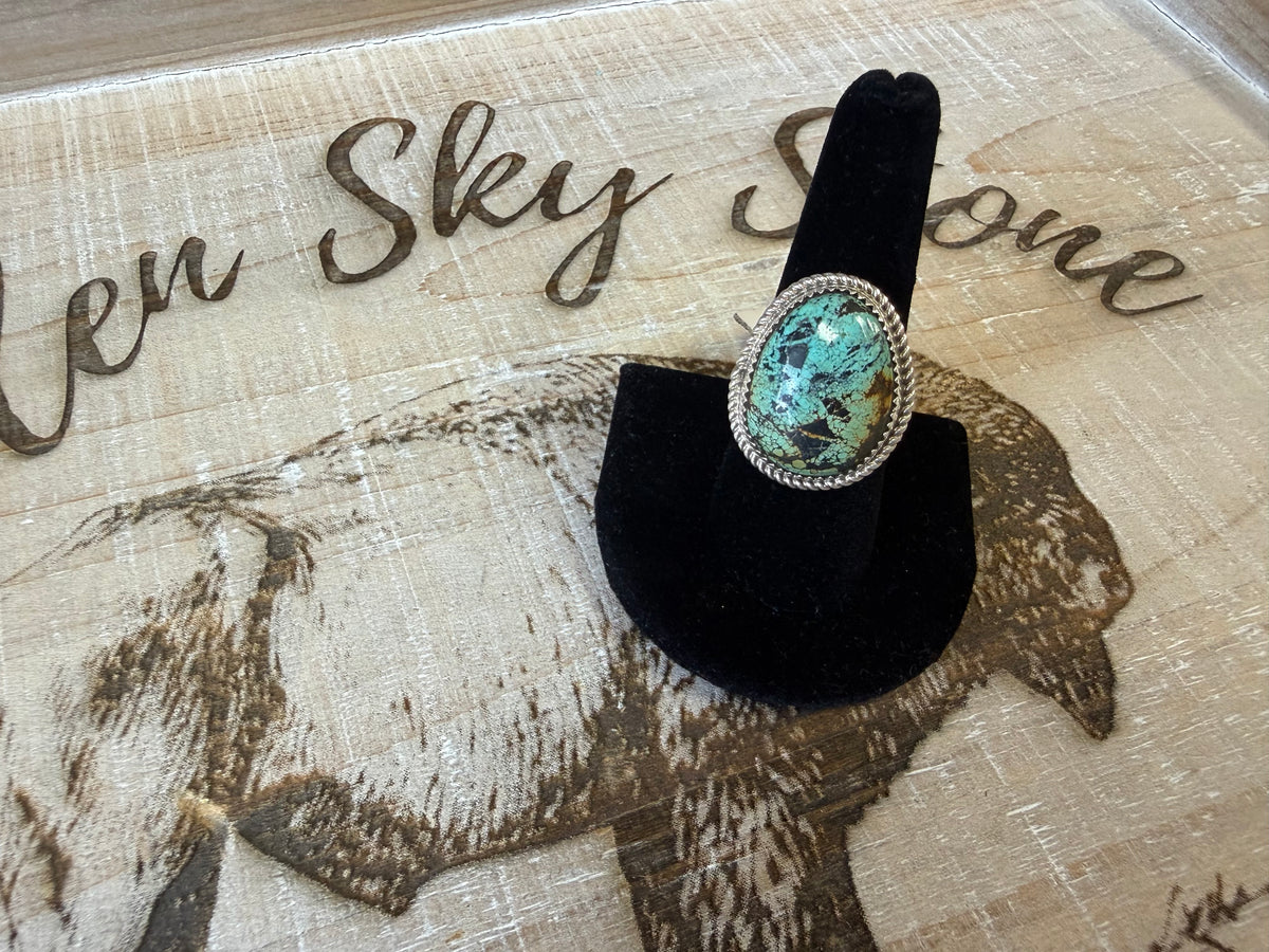 Sterling Silver Turquoise Ring Size 8, Large Oval Green Blue Spiderweb Turquoise, Rope Twist Bezel, Southwestern Statement Ring