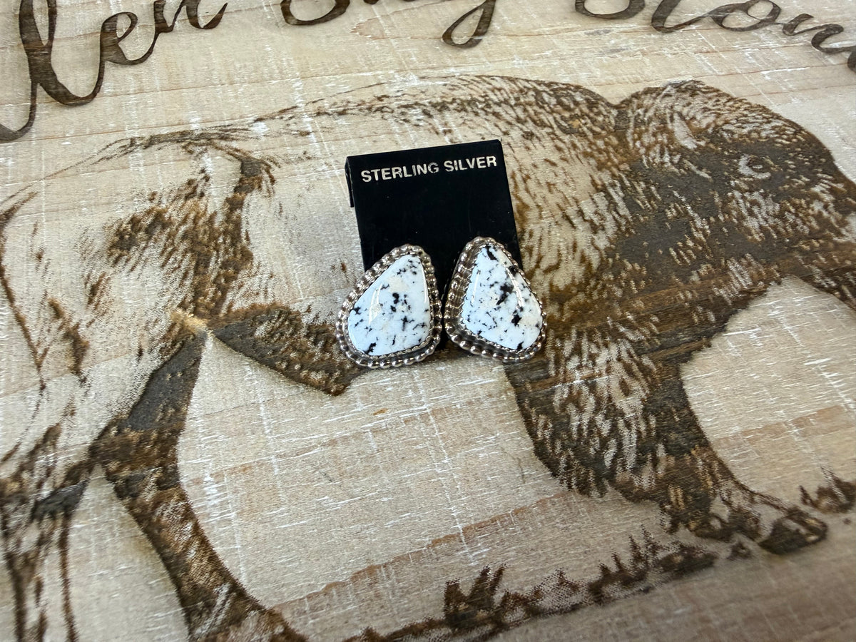 Nevada Magnesite Teardrop Stud Earrings Sterling Silver | White with Black Matrix | Southwestern Handmade Jewelry