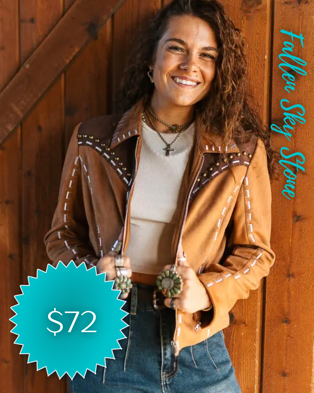 Camel Faux Suede Western Zip Jacket with Studded Brown Yoke and Whipstitch Trim