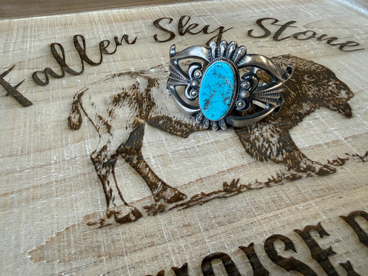 Kingman Turquoise Cuff Bracelet Sterling Silver | Navajo Handmade by Harrison Bigrove | Large Statement Southwestern Cuff