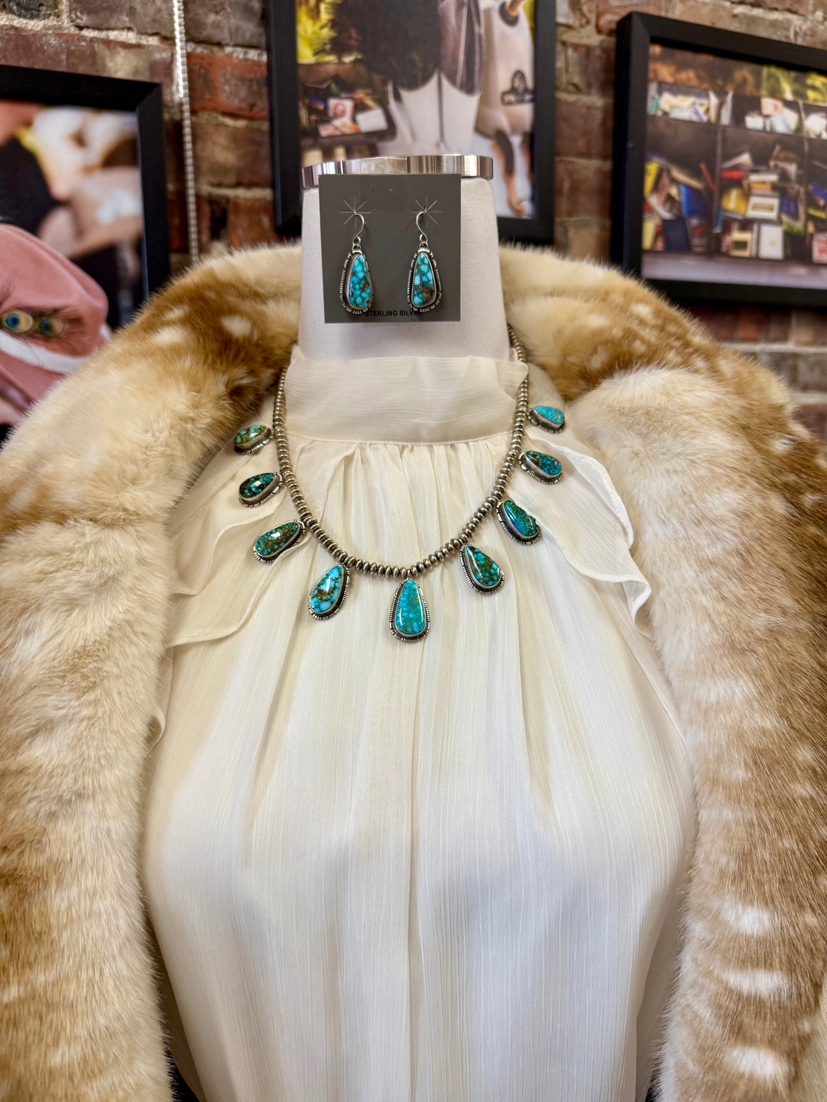 Kingman Water Web Turquoise Necklace Set Sterling Silver | Navajo Handmade by Larry Yazzie | Matching Earrings Statement Jewelry