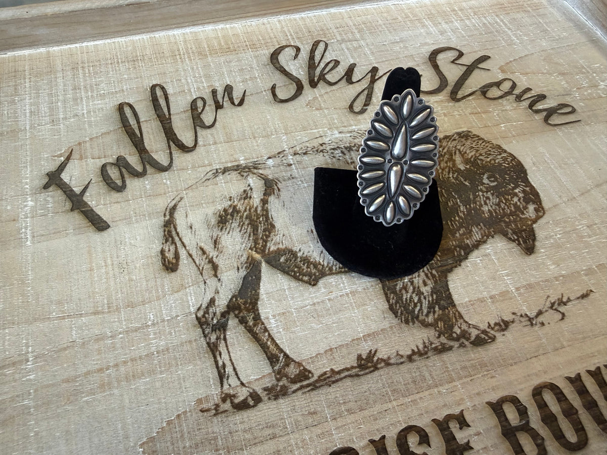 Sterling Silver Cluster Ring Size 7, Large Oval Statement Ring, Repoussé Petal Design, Oxidized Southwestern Silver Ring