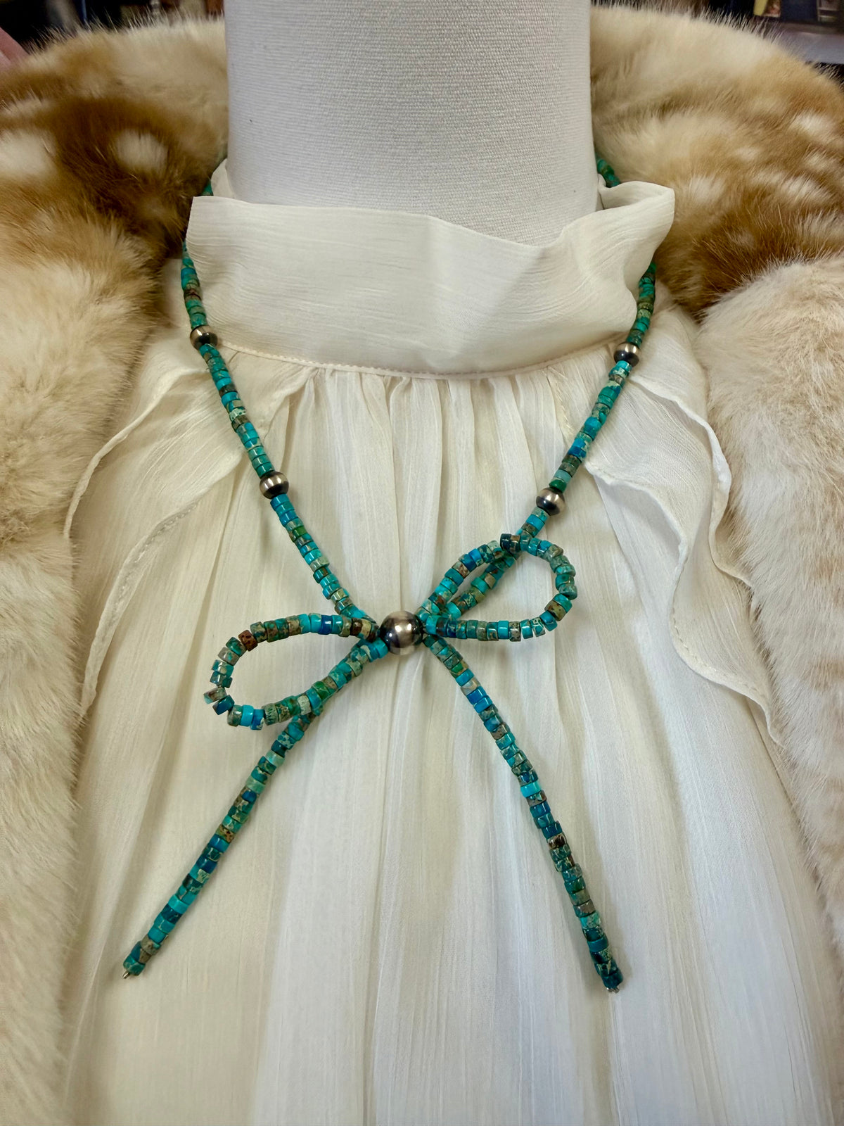 Turquoise Bead Bow Necklace with Navajo Pearl | Handmade Southwestern Heishi Style Statement Jewelry