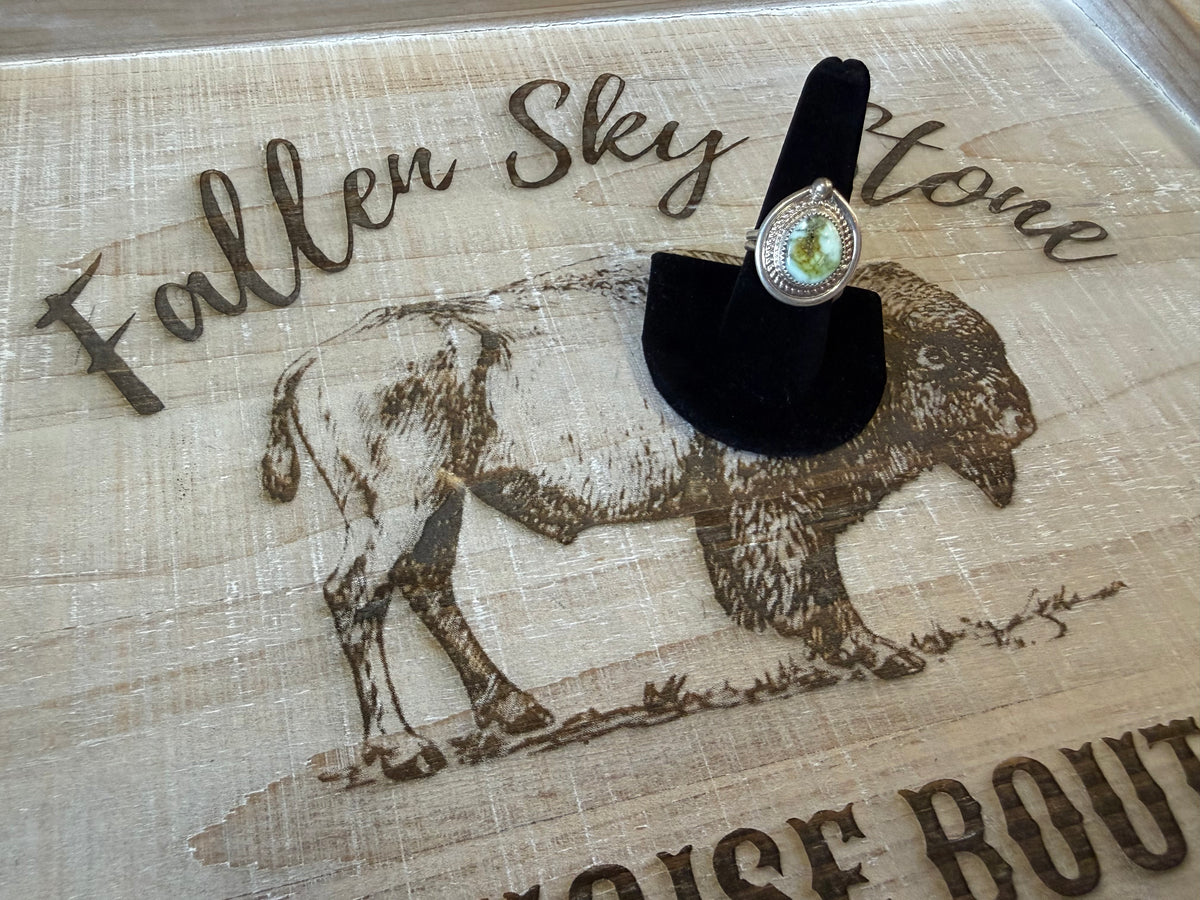 Sterling Silver Palomino Turquoise Ring Size 9, Rope Twist Bezel, Green Cream Stone with Matrix, Southwestern Teardrop Ring