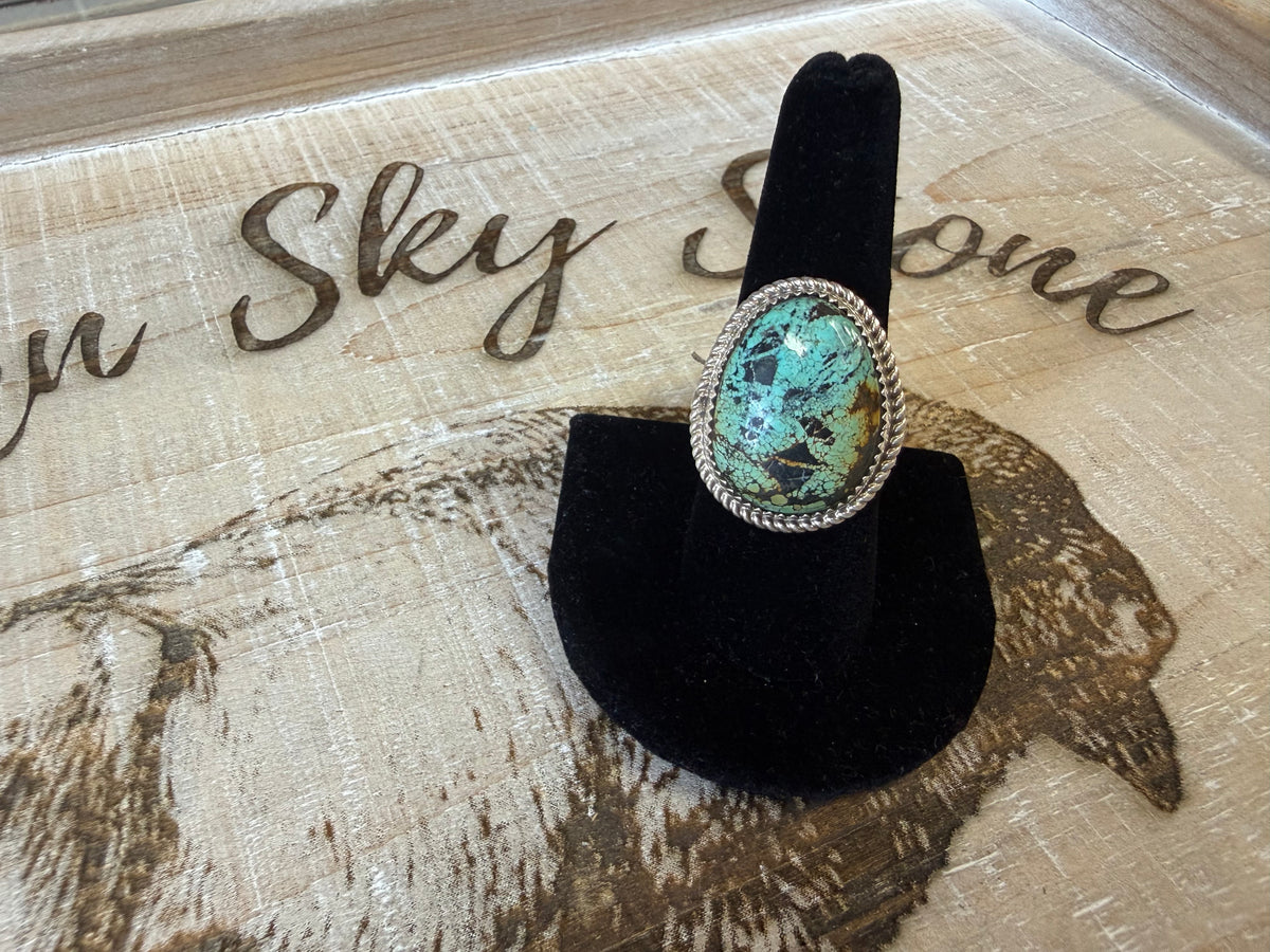 Sterling Silver Turquoise Ring Size 8, Large Oval Green Blue Spiderweb Turquoise, Rope Twist Bezel, Southwestern Statement Ring