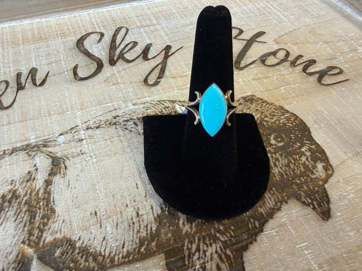 Larry Castilo Navajo Handmade Sterling Silver Kingman Turquoise Ring Size 8, Marquise Sky Blue Stone, Split Shank Southwestern Ring