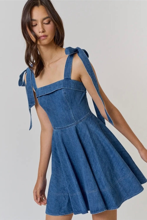 Denim Foldover Shoulder Tie Flare Mini Dress