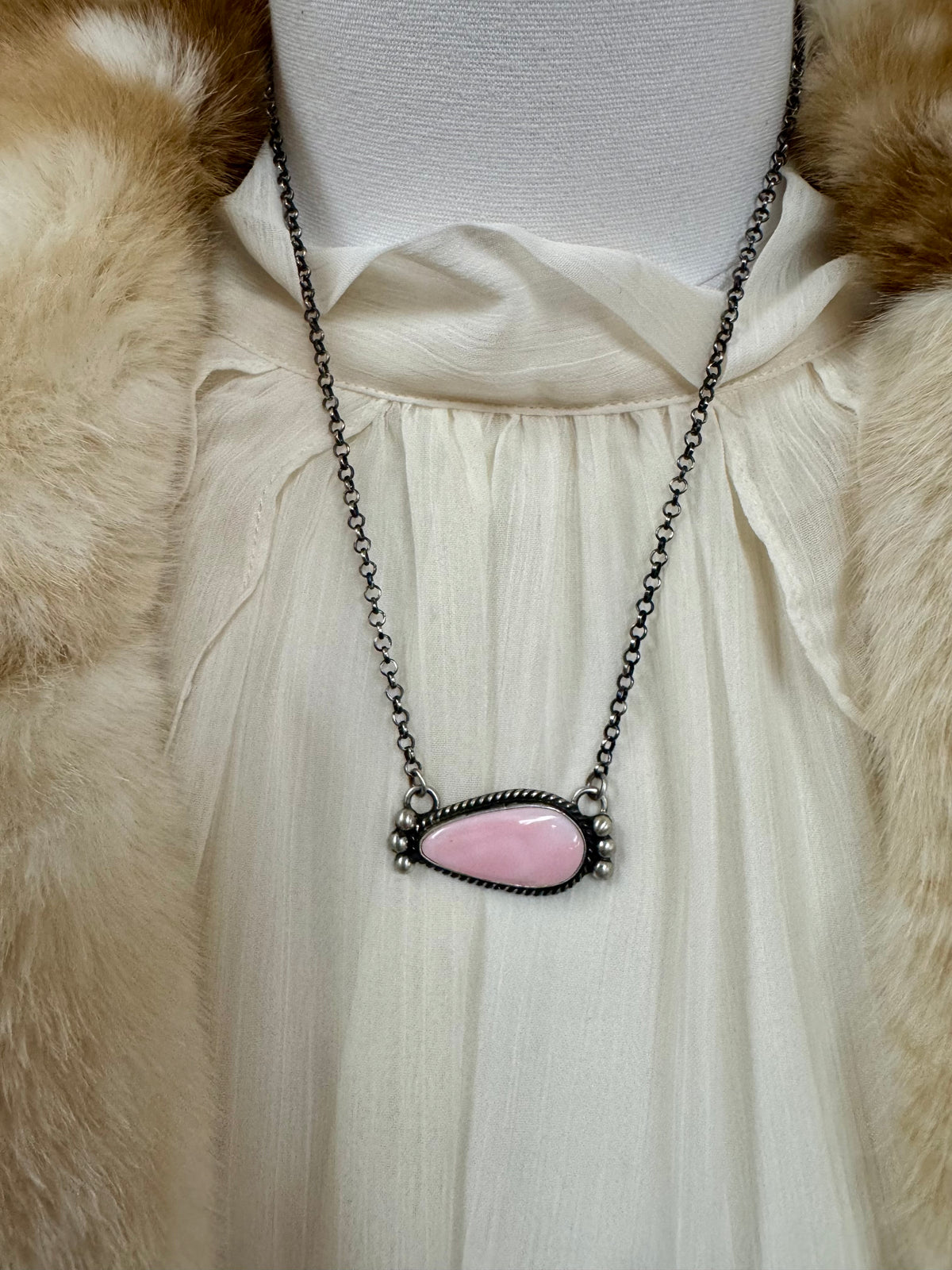 Pink Conch Pendant Necklace Sterling Silver | Teardrop Cabochon with Twisted Wire Bezel | Southwestern Statement Jewelry