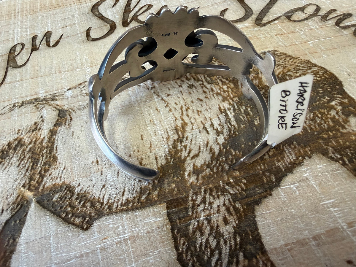 Kingman Turquoise Cuff Bracelet Sterling Silver | Navajo Handmade by Harrison Bigrove | Large Statement Southwestern Cuff