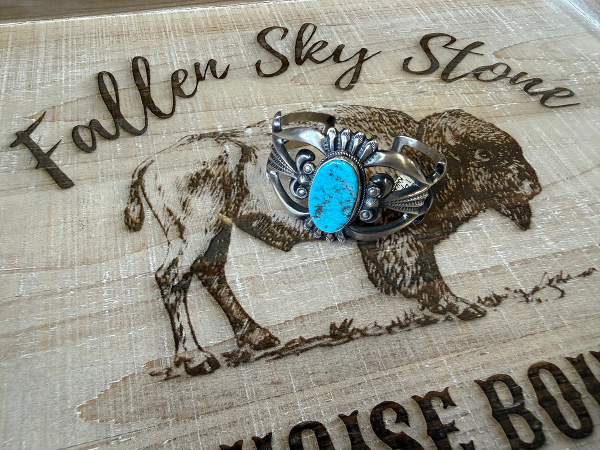 Kingman Turquoise Cuff Bracelet Sterling Silver | Navajo Handmade by Harrison Bigrove | Large Statement Southwestern Cuff