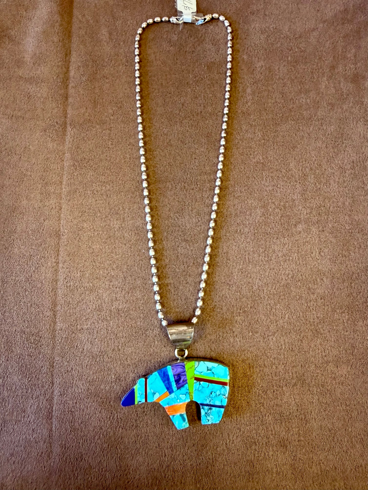 Multi Stone Inlay Bear Pendant Necklace Sterling Silver | Turquoise Lapis Coral Southwestern Fetish Jewelry