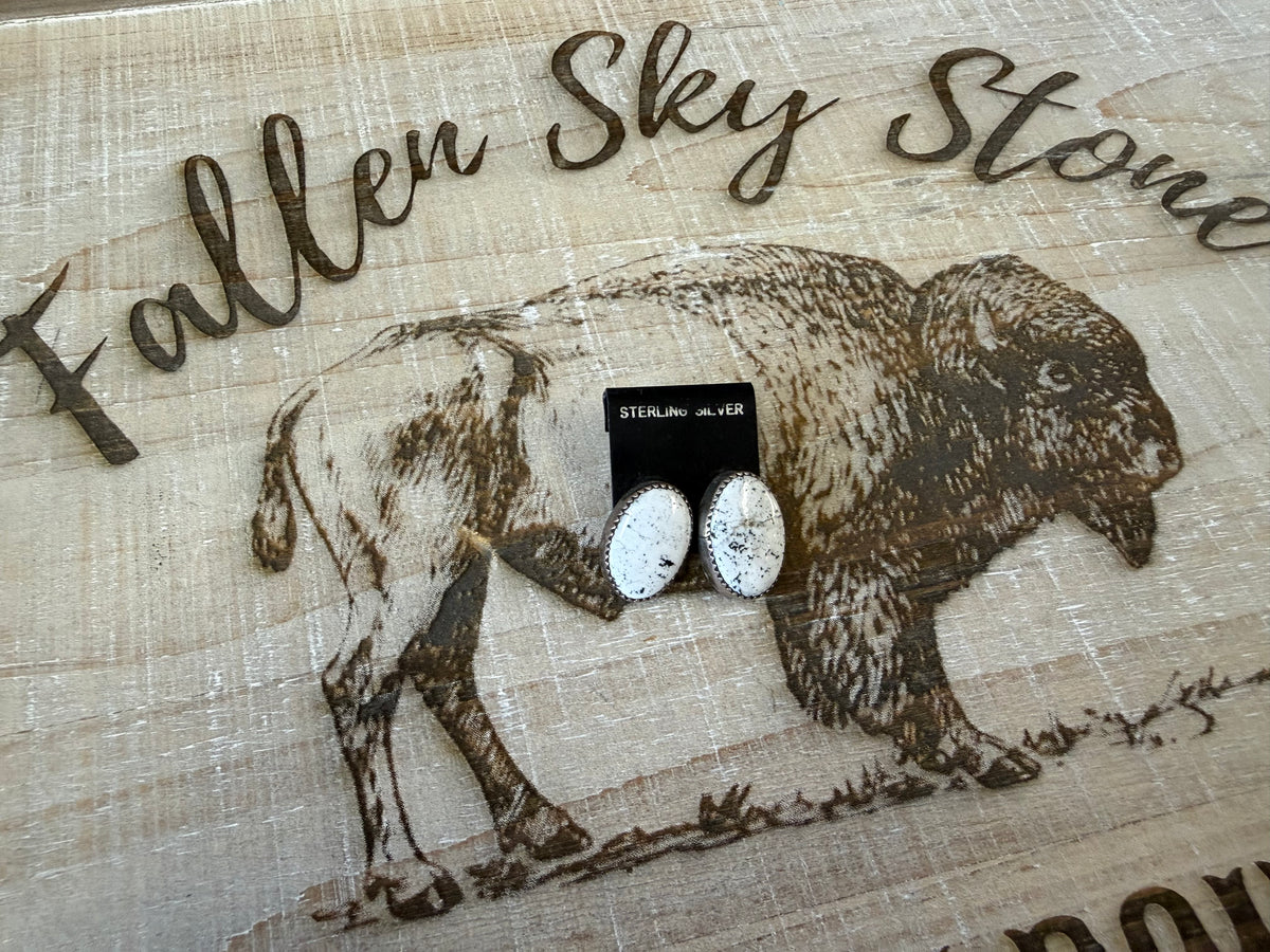 Magnesite Stud Earrings Sterling Silver | White with Black Matrix Oval Posts | Southwestern Handmade Jewelry